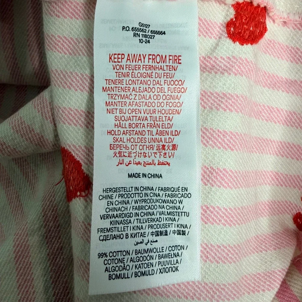 Mini Boden Girls Pink White Striped Red Heart Embroidered Denim Dress 6-7Y G5127